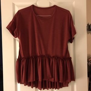 Maroon Drop-Waist Ruffle Hem Tee